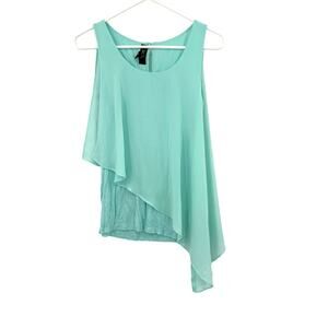 BCX Size XS Blouse Mint Blue Asymmetrical Overlay‎ Sleeveless Tank Drape Flowy